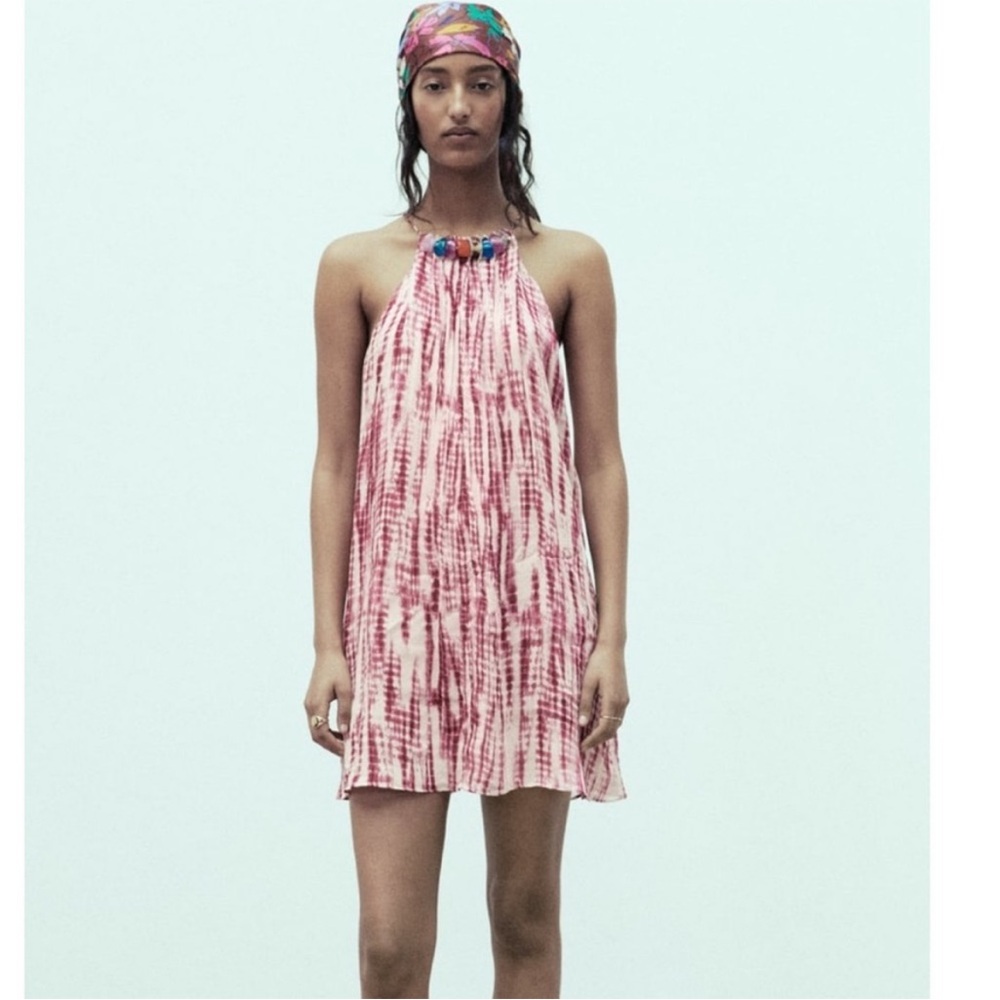 Zara Pink Tie Dye Bead Stones Mini Dress